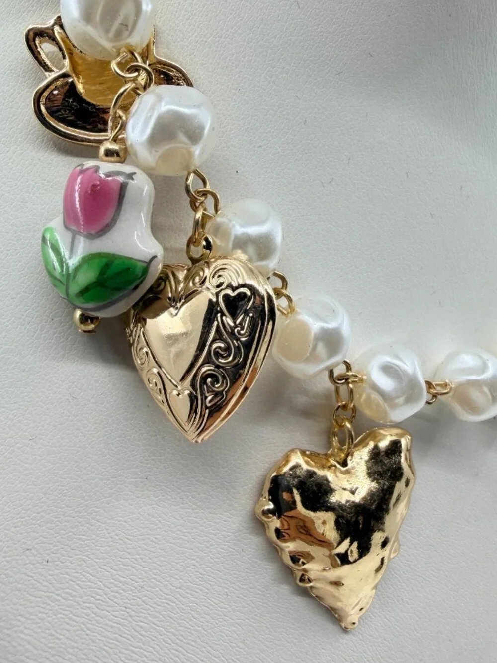 Vintage Gold Tone Faux Pearl Charm Necklace Cowgirl Heart Watch Pendant Quirky